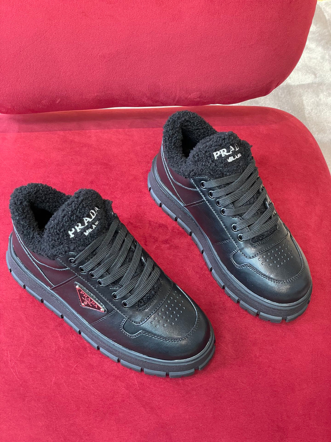 Prada Leather and Shearling  Sneakers