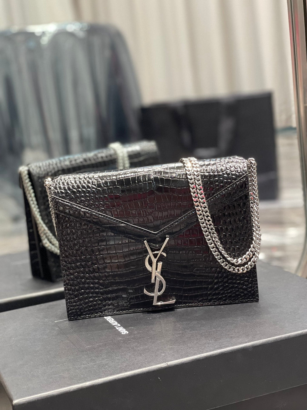 YSL Cassandra Medium Chain Bag In crocodile Embossed Shiny Leather