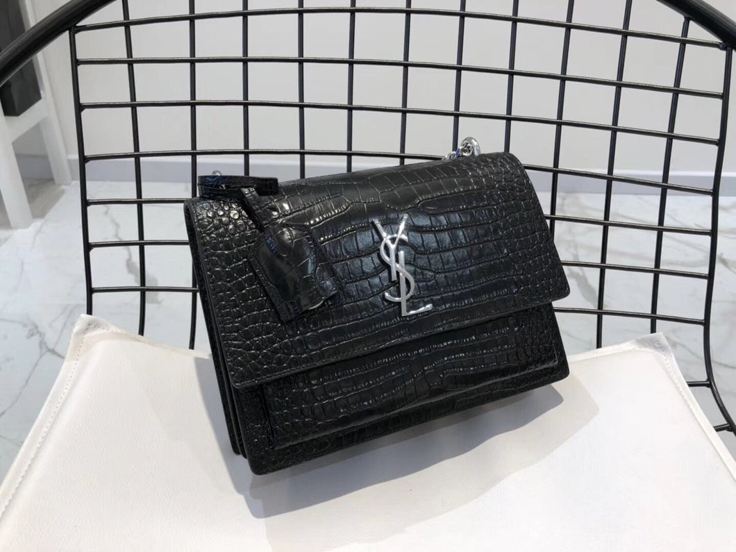 YSL Medium Sunset In Crocodile Embossed Shiny Leather Bag