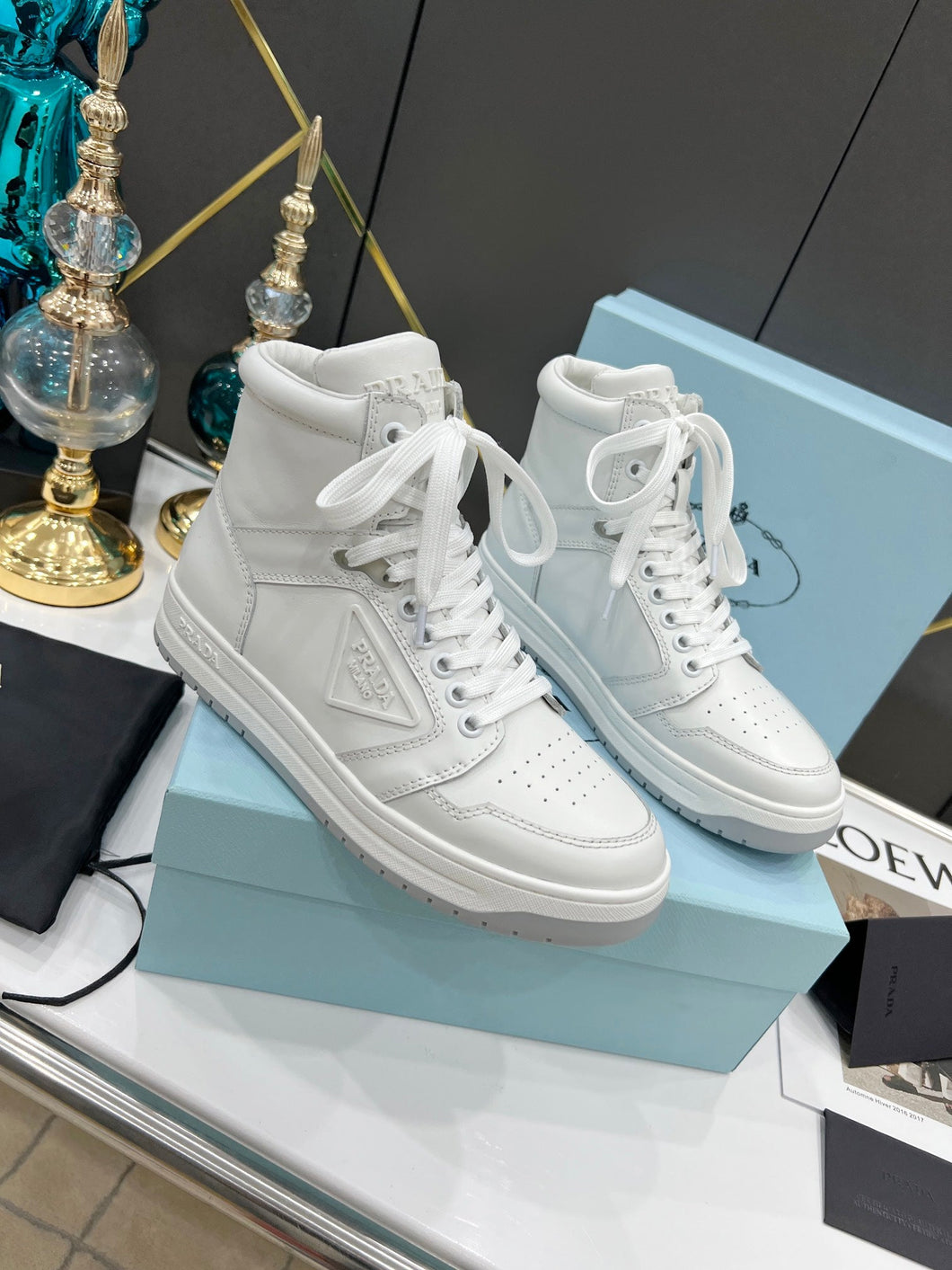 Prada Downtown Leather High Top Sneakers