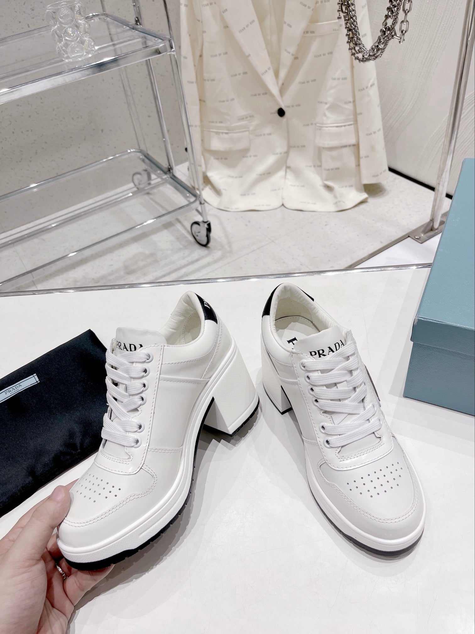 Prada Downtown High Heel Leather Sneakers