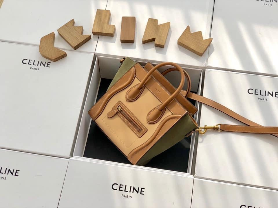 Celine MICRO LUGGAGE HANDBAG IN TEXTILE AND NATURAL CALFSKIN TAN/WHITE