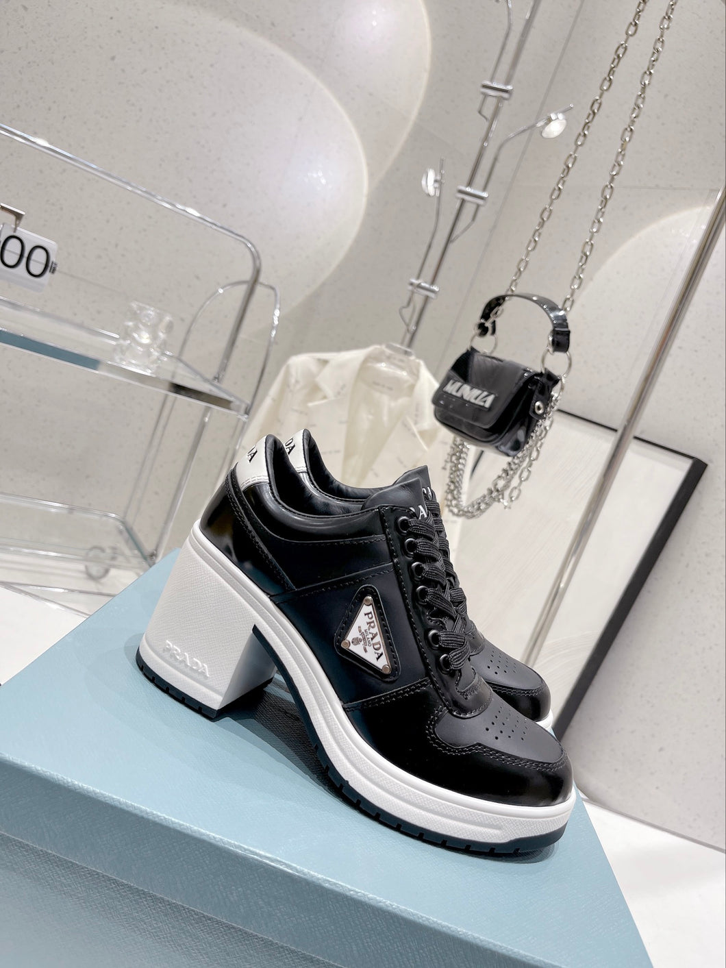 Prada Downtown High Heel Leather Sneakers