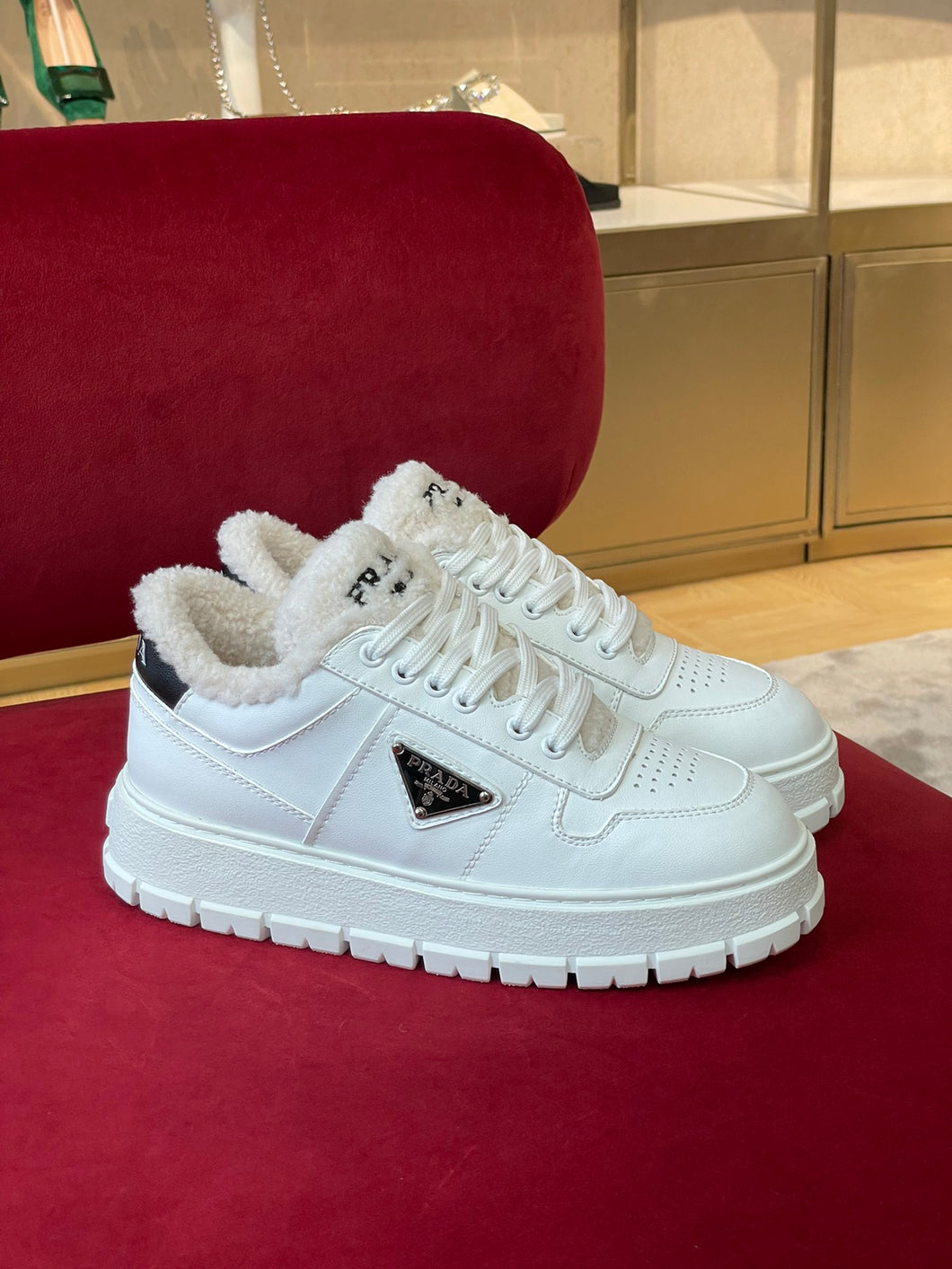 Prada Leather and Shearling  Sneakers